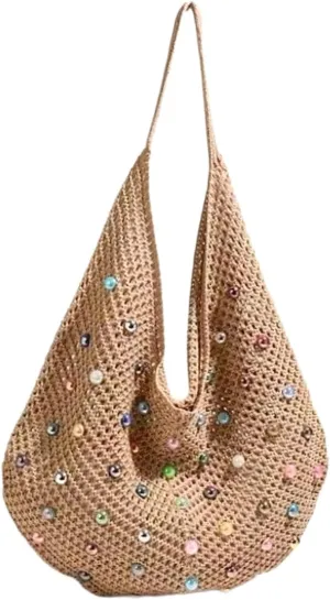 Beach Crochet Bag for Women, Aesthetic Hobo Mesh Woven Tote Simple Modern Trendy Bags for Summer Vacation Picnic Travel