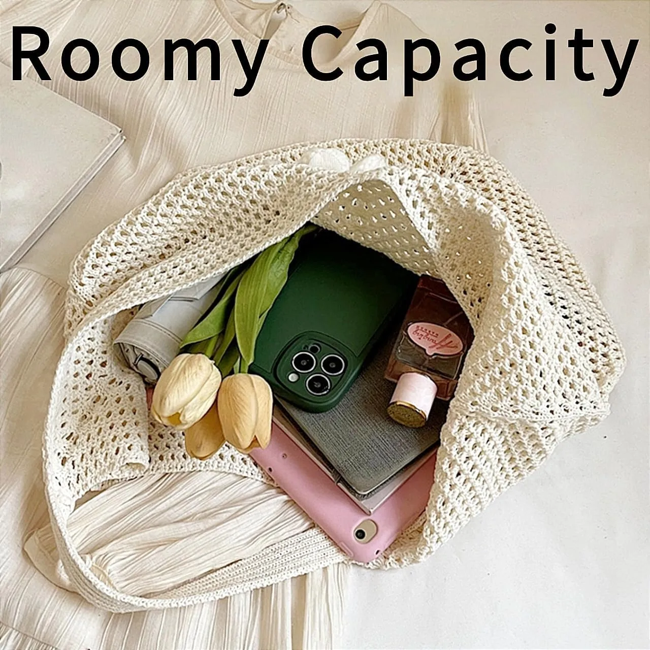 Beach Crochet Bag for Women, Aesthetic Hobo Mesh Woven Tote Simple Modern Trendy Bags for Summer Vacation Picnic Travel