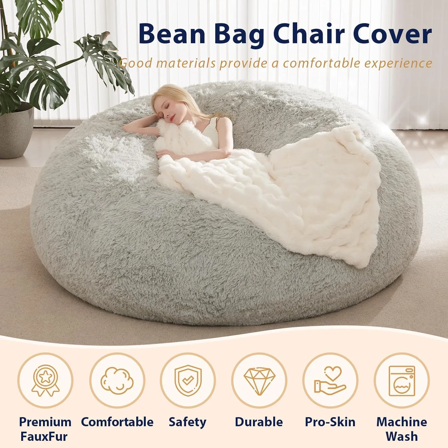 Bean Bag Chair Cover, Waterproof Faux Fur Bean Bag Cover Only(No Filler), 5FT Round Beanbag Chair with Pocket, Big Giant Bean Bags Chairs for Adults Kids Teens, Stuffed Animal Storage