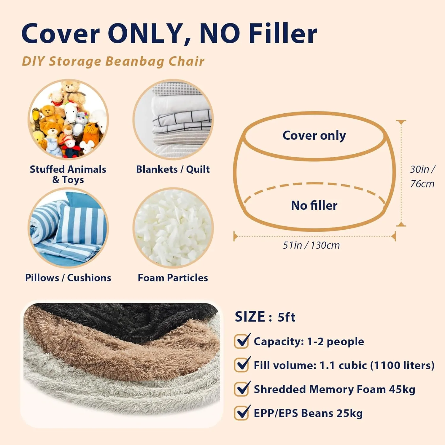 Bean Bag Chair Cover, Waterproof Faux Fur Bean Bag Cover Only(No Filler), 5FT Round Beanbag Chair with Pocket, Big Giant Bean Bags Chairs for Adults Kids Teens, Stuffed Animal Storage