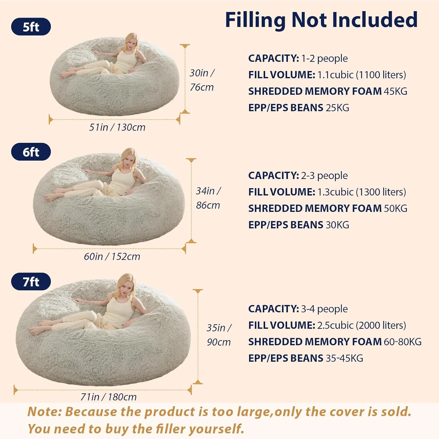 Bean Bag Chair Cover, Waterproof Faux Fur Bean Bag Cover Only(No Filler), 5FT Round Beanbag Chair with Pocket, Big Giant Bean Bags Chairs for Adults Kids Teens, Stuffed Animal Storage