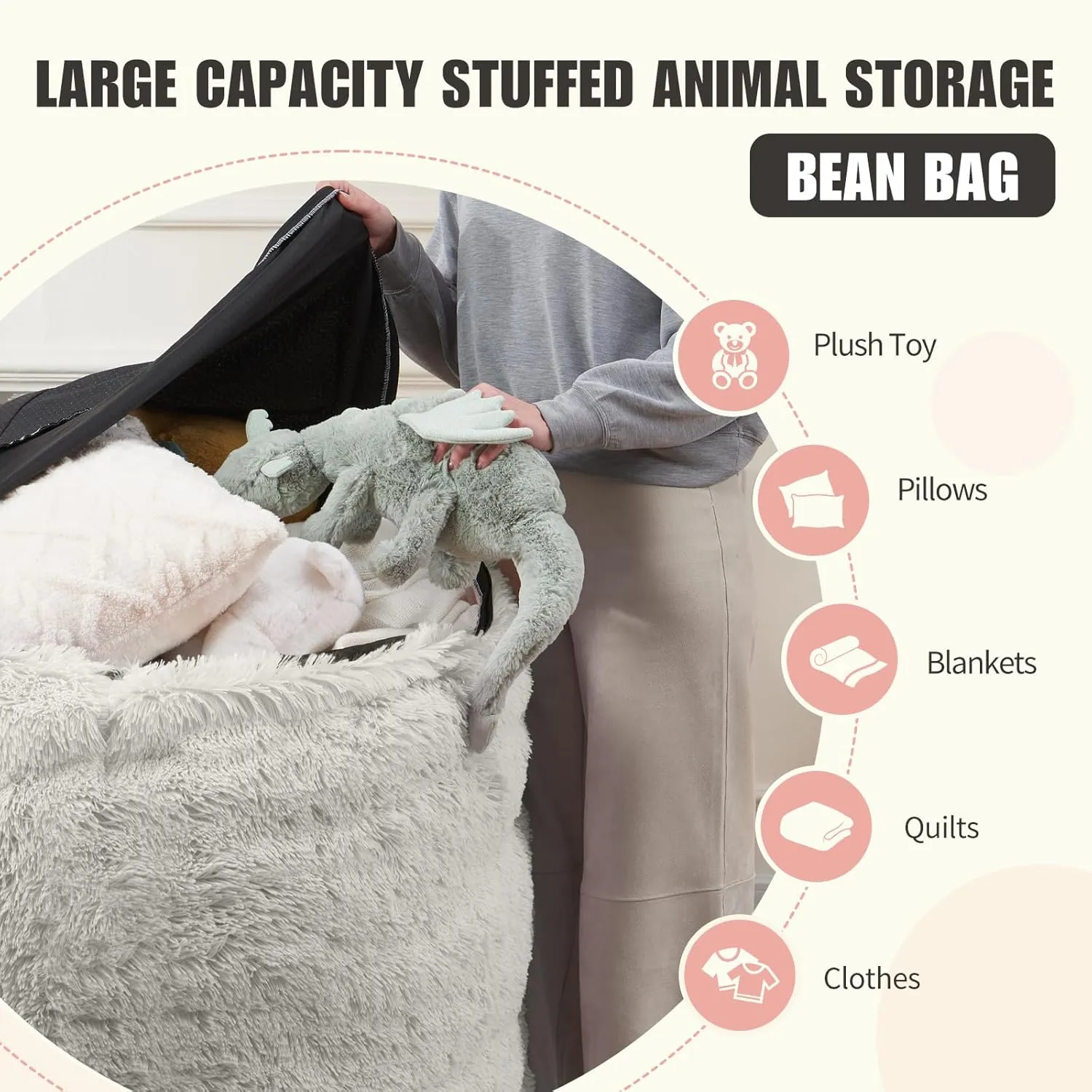 Bean Bag Chair Cover, Waterproof Faux Fur Bean Bag Cover Only(No Filler), 5FT Round Beanbag Chair with Pocket, Big Giant Bean Bags Chairs for Adults Kids Teens, Stuffed Animal Storage