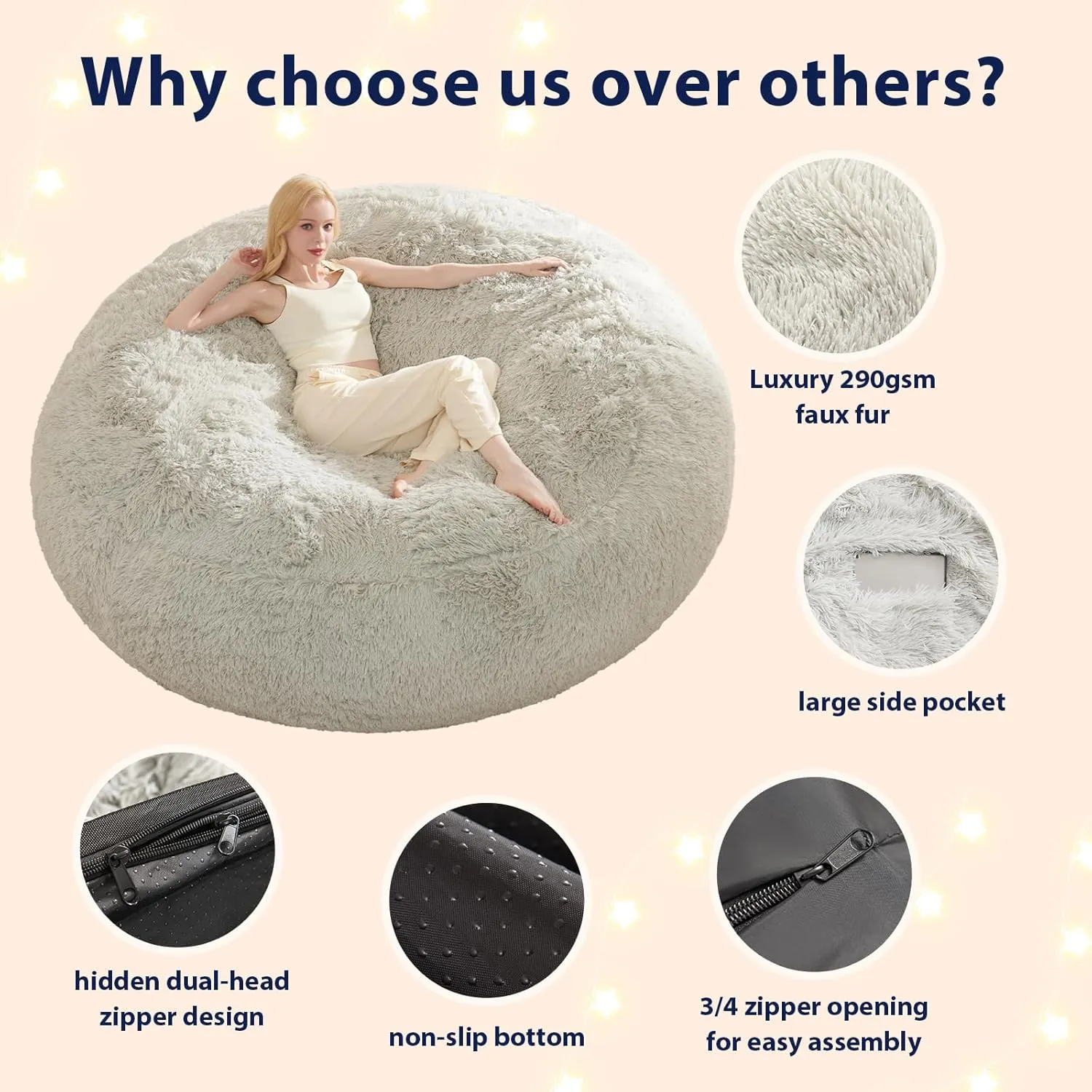 Bean Bag Chair Cover, Waterproof Faux Fur Bean Bag Cover Only(No Filler), 5FT Round Beanbag Chair with Pocket, Big Giant Bean Bags Chairs for Adults Kids Teens, Stuffed Animal Storage