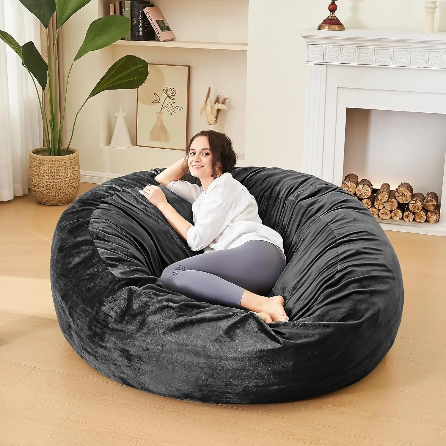 Bean Bag Chairs for Adults - Memory Foam Furniture BeanBag Chair - Kids/Teens Sofa with Soft Micro Fiber Cover - Round Fluffy Couch for Living Room Bedroom College Dorm - 4 ft, Carbon Black