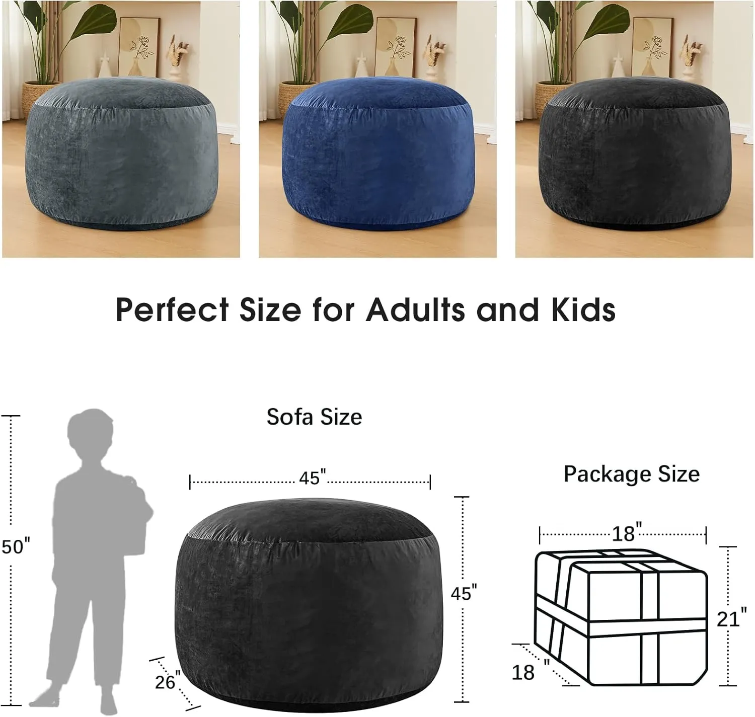 Bean Bag Chairs for Adults - Memory Foam Furniture BeanBag Chair - Kids/Teens Sofa with Soft Micro Fiber Cover - Round Fluffy Couch for Living Room Bedroom College Dorm - 4 ft, Carbon Black
