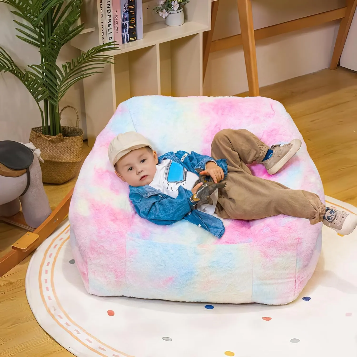 Bean Bag Chairs for Kids, 27" Modern Rainbow Colors Beanbag Sofa with Sponge Filling & Comfy Soft Faux Fur, Kids Teens Bean Bags Chair Sofa for Bedroom, Living Room, Set of 2(Colorful)