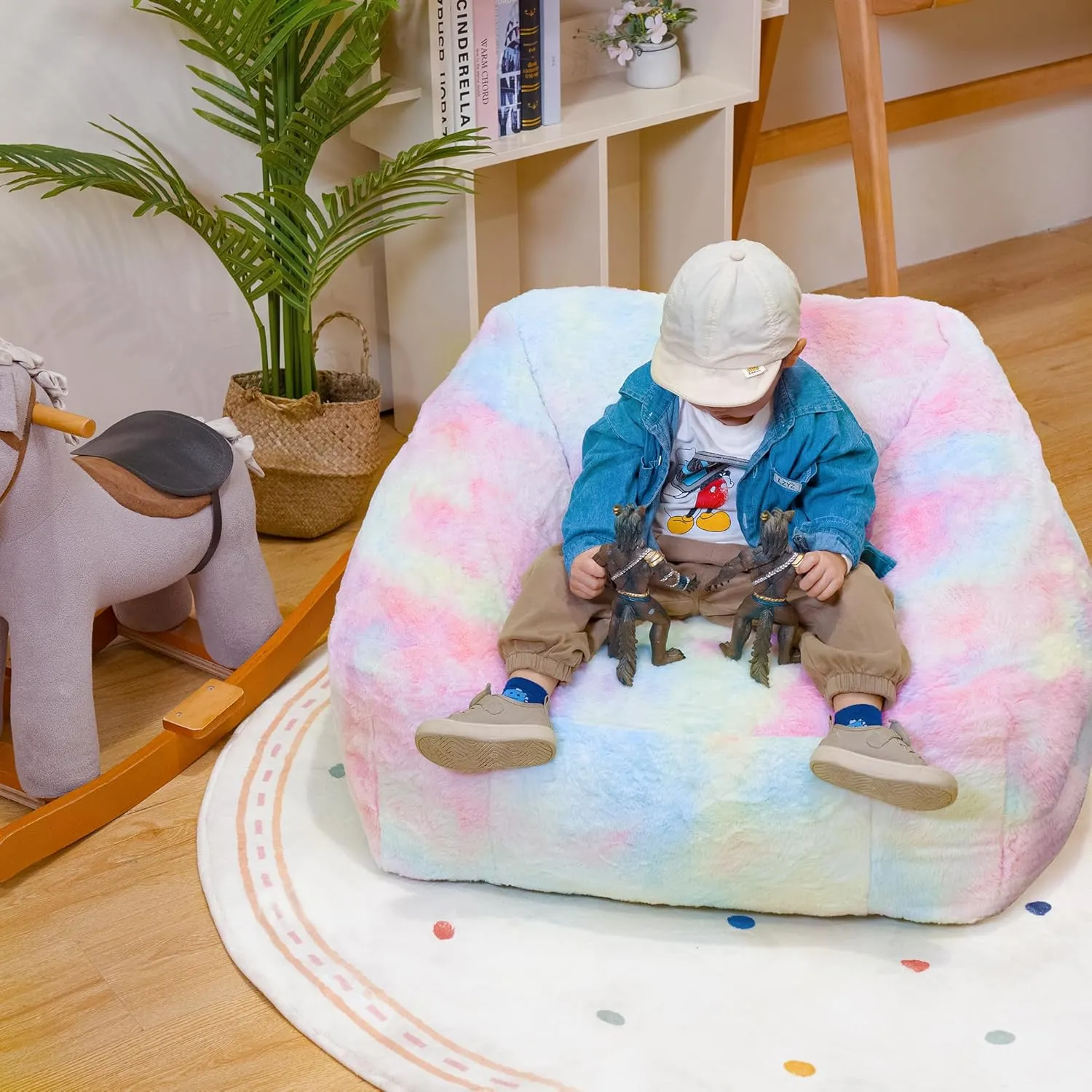 Bean Bag Chairs for Kids, 27" Modern Rainbow Colors Beanbag Sofa with Sponge Filling & Comfy Soft Faux Fur, Kids Teens Bean Bags Chair Sofa for Bedroom, Living Room, Set of 2(Colorful)