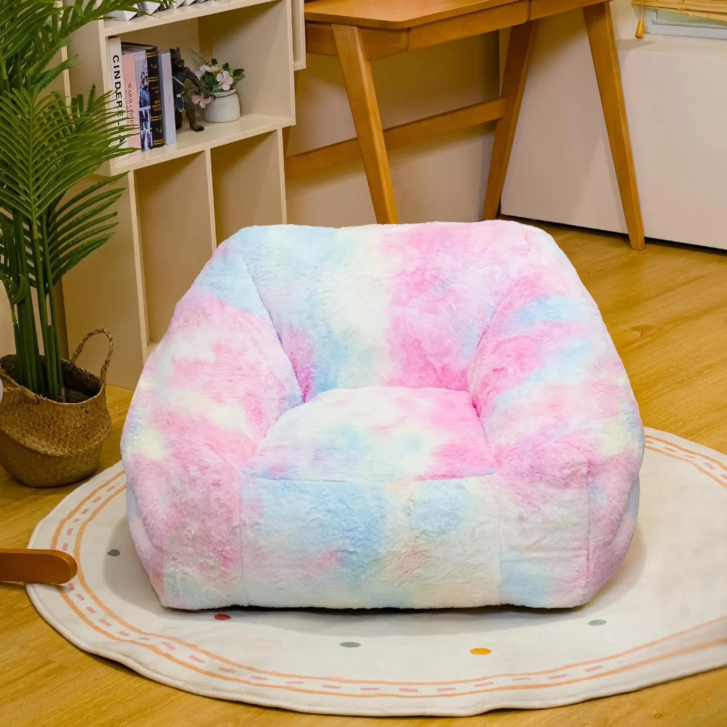 Bean Bag Chairs for Kids, 27" Modern Rainbow Colors Beanbag Sofa with Sponge Filling & Comfy Soft Faux Fur, Kids Teens Bean Bags Chair Sofa for Bedroom, Living Room, Set of 2(Colorful)
