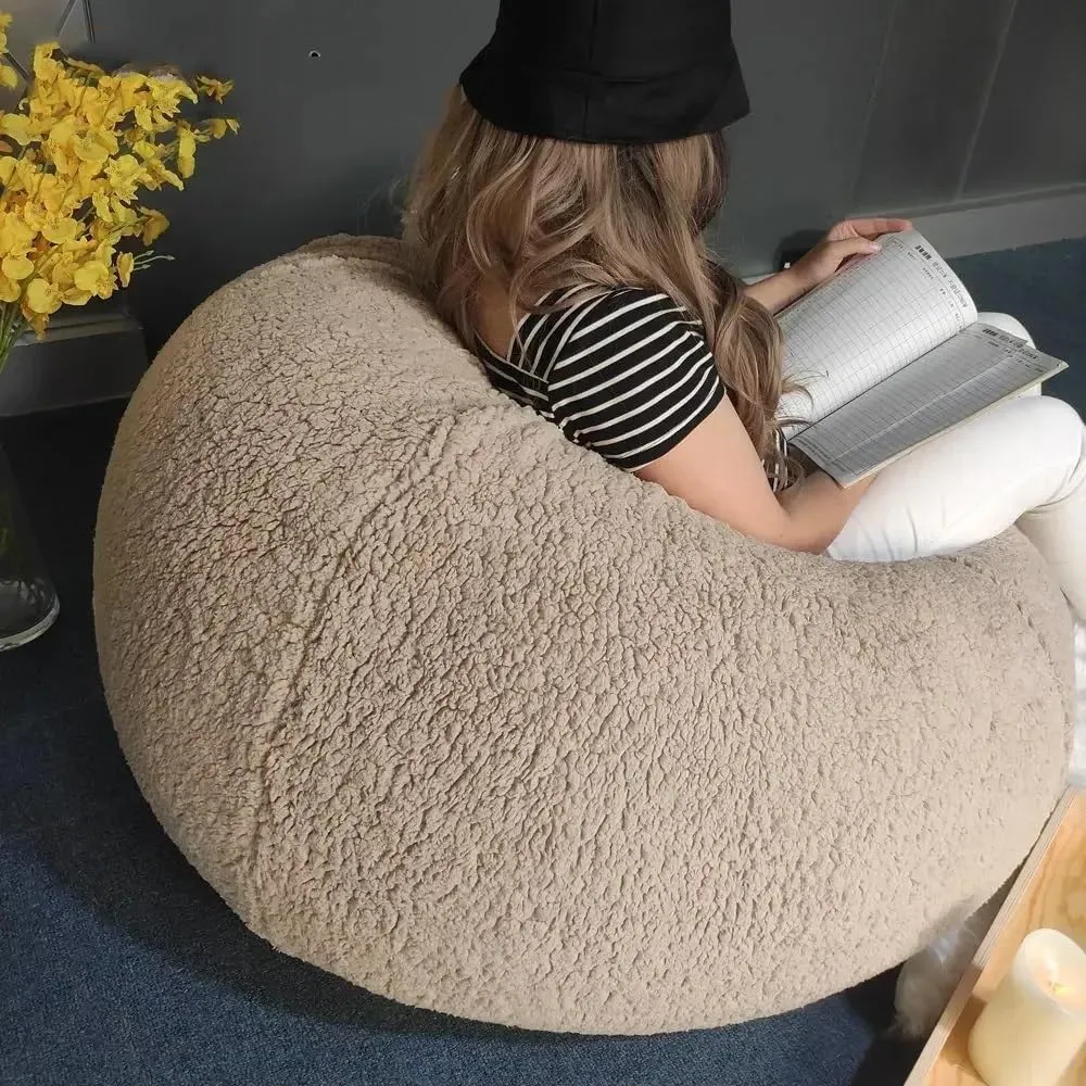 Bean Bag Chairs With Faux Cashmere Cover,Bean Bag Chair For Adults/Teens No Filling, Pouf Cover,Round Fluffy Sofa For Living Room Bedroom College Dorm,Machine Washable Cover(02-red,D100cm-cover)