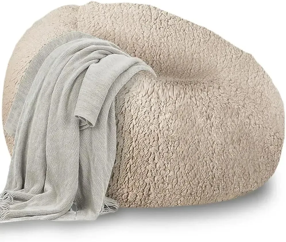 Bean Bag Chairs With Faux Cashmere Cover,Bean Bag Chair For Adults/Teens No Filling, Pouf Cover,Round Fluffy Sofa For Living Room Bedroom College Dorm,Machine Washable Cover(02-red,D100cm-cover)
