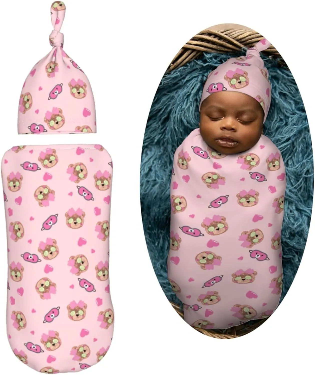 Bear Sleepy Cute Newborn Swaddle Blanket with Beanie Set Soft Baby Sleep Sack Stretch Adjustable Swaddle Wraps Receiving Blankets