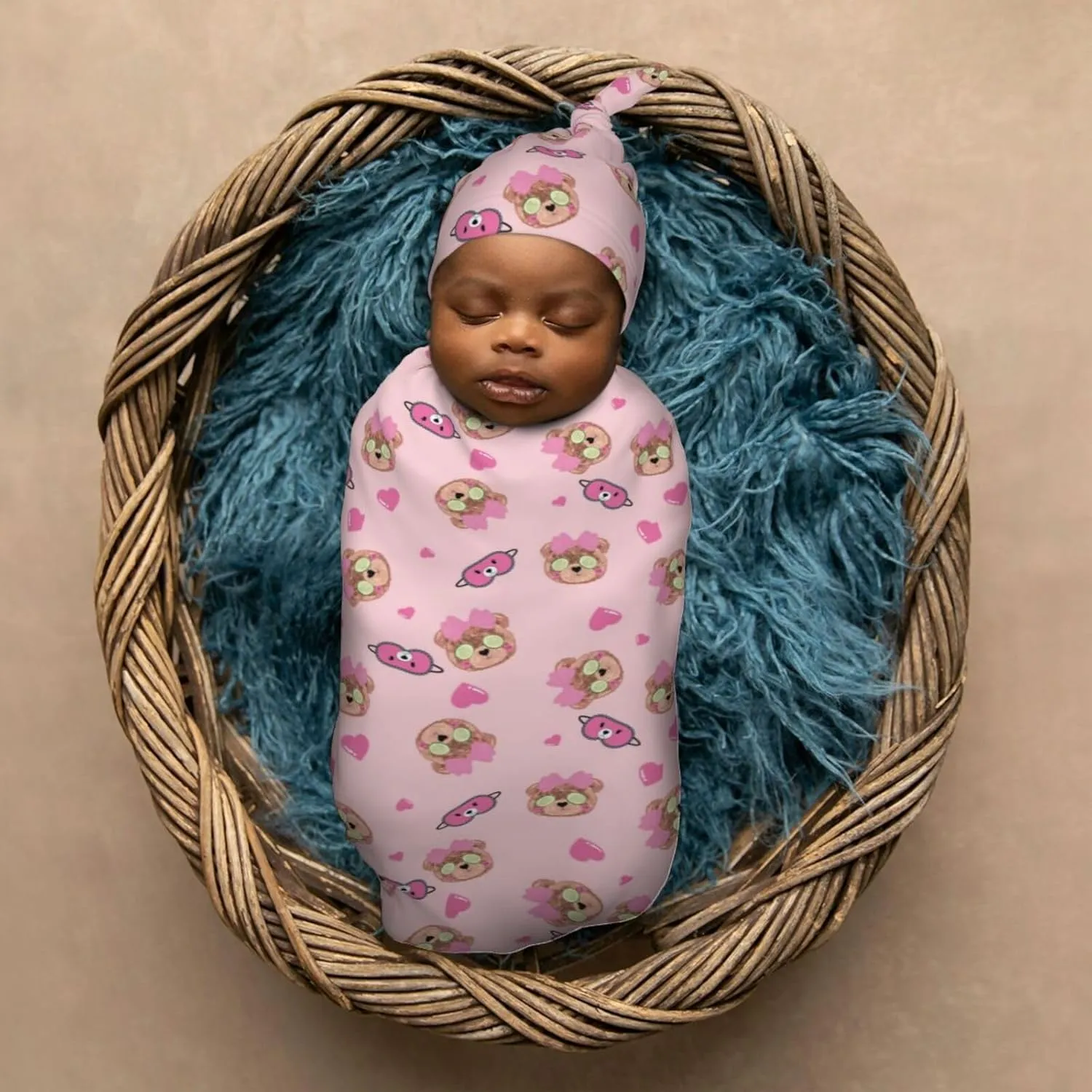 Bear Sleepy Cute Newborn Swaddle Blanket with Beanie Set Soft Baby Sleep Sack Stretch Adjustable Swaddle Wraps Receiving Blankets