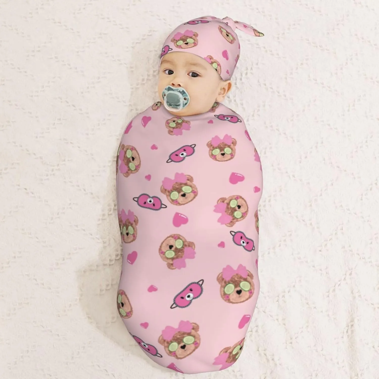 Bear Sleepy Cute Newborn Swaddle Blanket with Beanie Set Soft Baby Sleep Sack Stretch Adjustable Swaddle Wraps Receiving Blankets