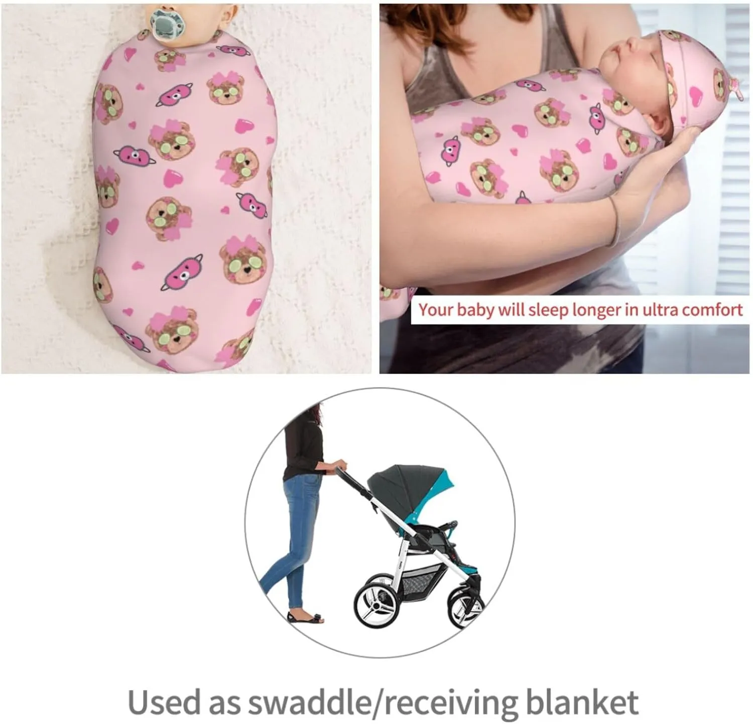 Bear Sleepy Cute Newborn Swaddle Blanket with Beanie Set Soft Baby Sleep Sack Stretch Adjustable Swaddle Wraps Receiving Blankets