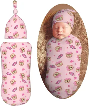 Bear Sleepy Cute Newborn Swaddle Blanket with Beanie Set Soft Baby Sleep Sack Stretch Adjustable Swaddle Wraps Receiving Blankets