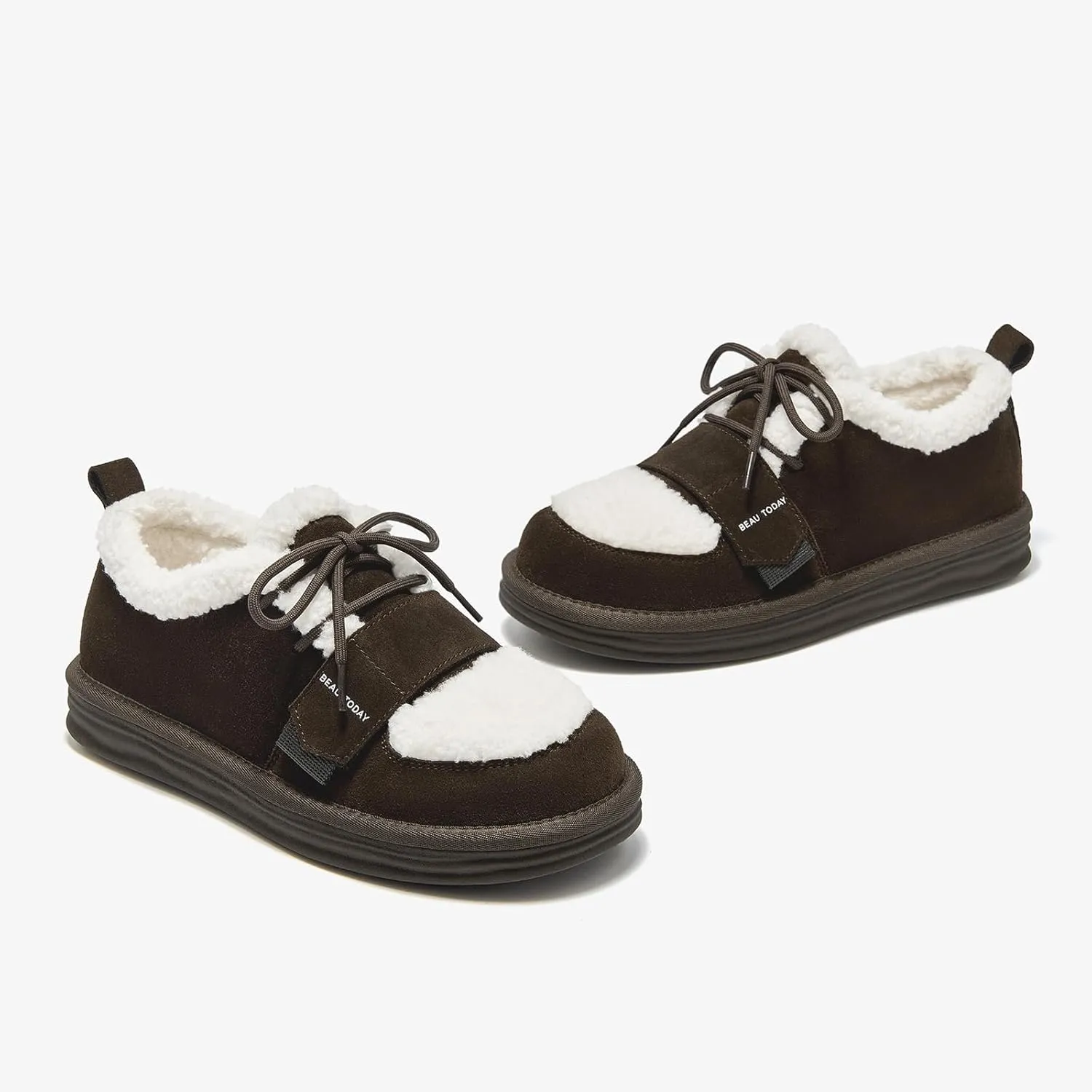 BEAU TODAY Snow Sneakers for Women, Suede Platform Sneakers Womens Warm Fur Lined Fashion Sneakers Slip-on Comfortable Winter Flat Shoes