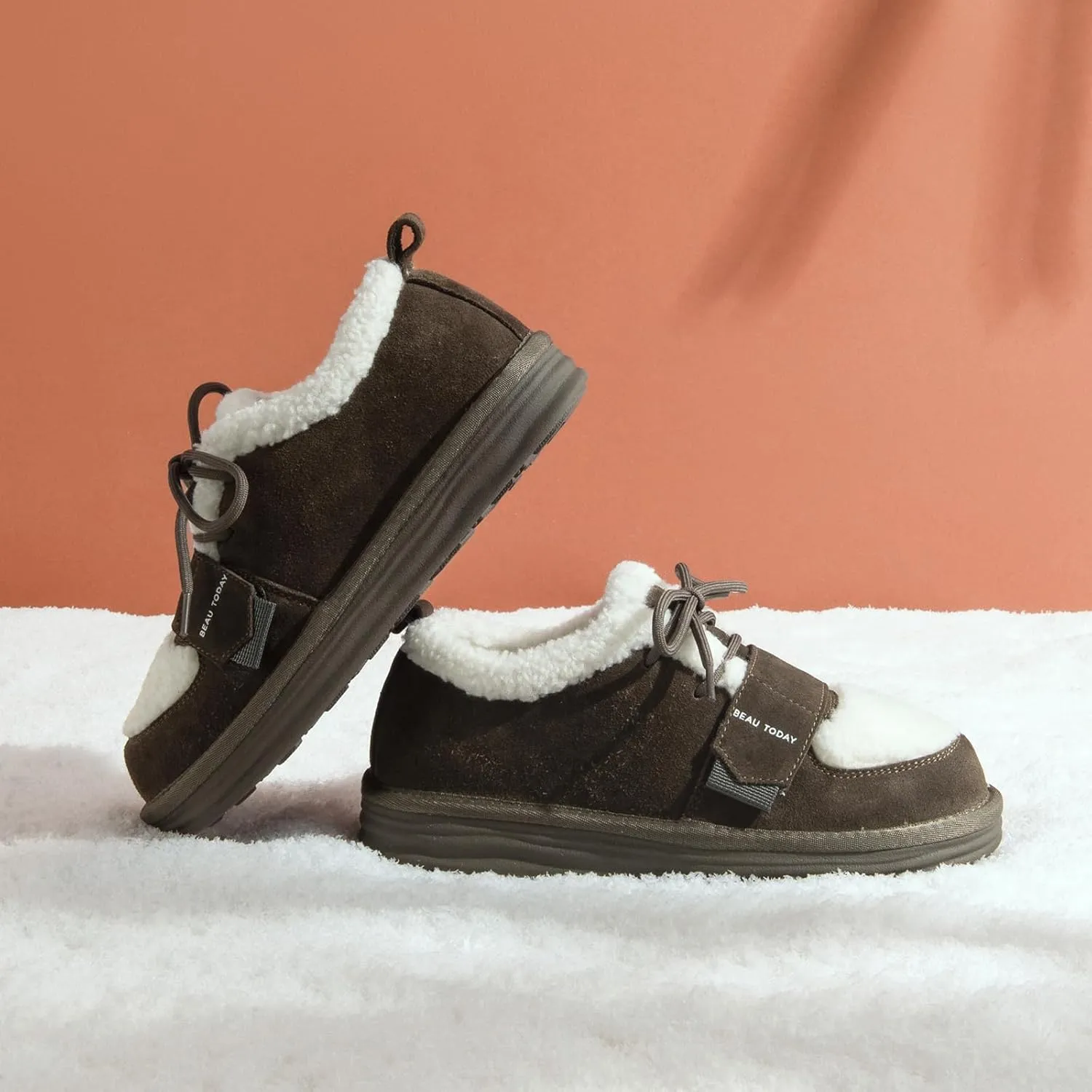 BEAU TODAY Snow Sneakers for Women, Suede Platform Sneakers Womens Warm Fur Lined Fashion Sneakers Slip-on Comfortable Winter Flat Shoes