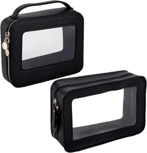 Beebeecraft 2Pcs 2 Styles Popvibe Clear Makeup Bag Rectangle Black PU Cosmetic Organizer Case Waterproof Travel Toiletry Bag Pouches with Zipper Handle PVC Windows