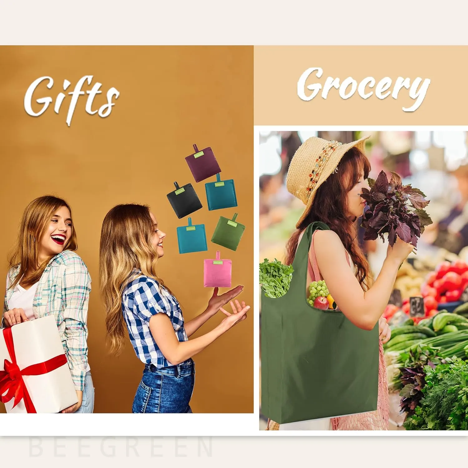 BeeGreen Reusable Grocery Bags Foldable Reusable Gift Bags Reusable Shopping Bags With Handles Polyester Grocery Bags Tote Bags Bulk Travel Tote Bags For Women Cloth Bags Colorful Gifts