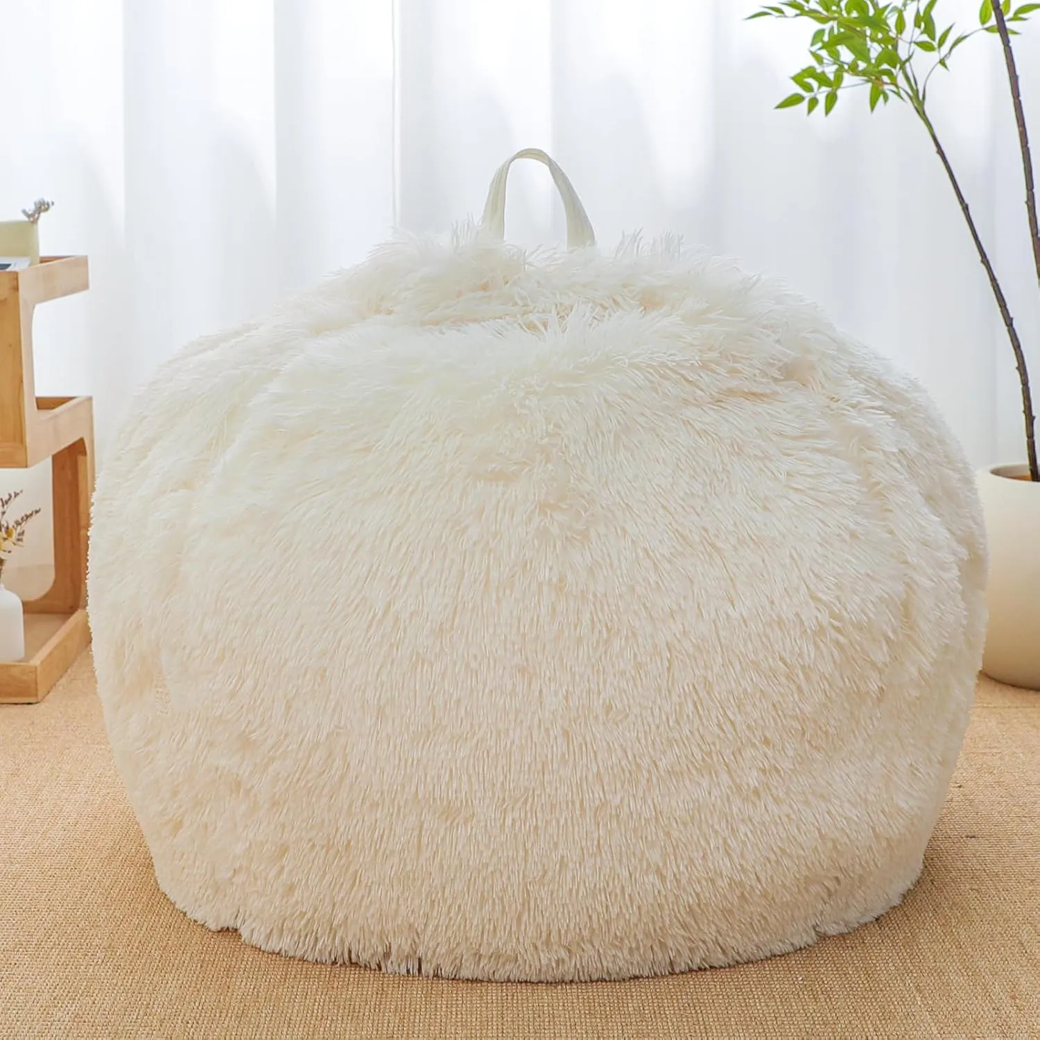 Beige bean bag chair covers (No Filler),comfy Plush fluffy for bedroom or Organizing Plush Toys or Textile bean bag chair Cover, kids teens girls, Anti-Slip, Beige