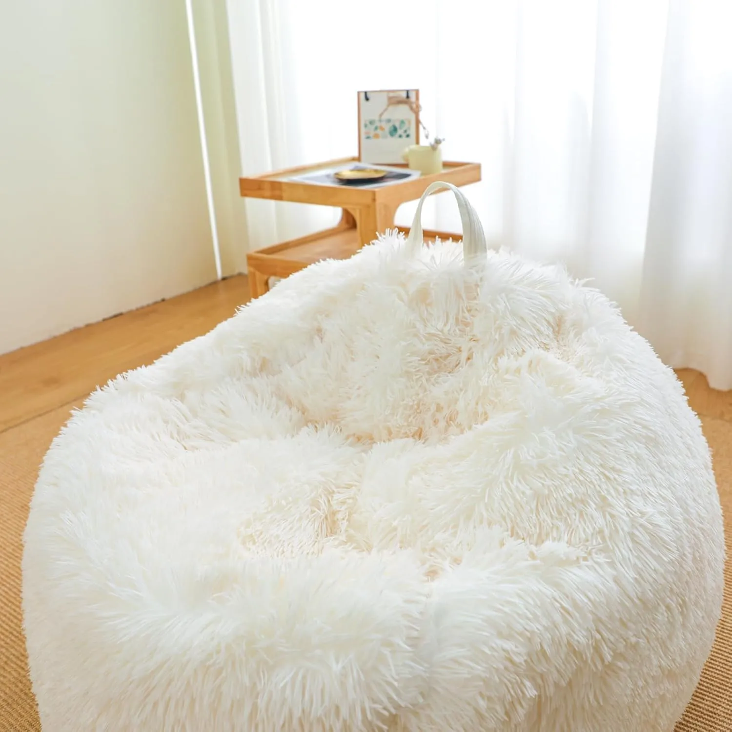 Beige bean bag chair covers (No Filler),comfy Plush fluffy for bedroom or Organizing Plush Toys or Textile bean bag chair Cover, kids teens girls, Anti-Slip, Beige