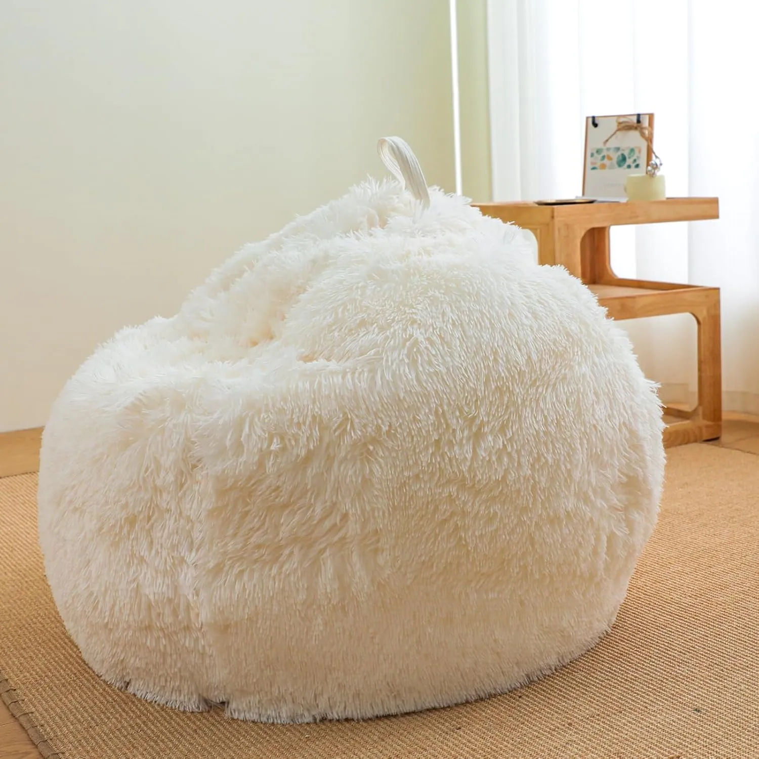 Beige bean bag chair covers (No Filler),comfy Plush fluffy for bedroom or Organizing Plush Toys or Textile bean bag chair Cover, kids teens girls, Anti-Slip, Beige