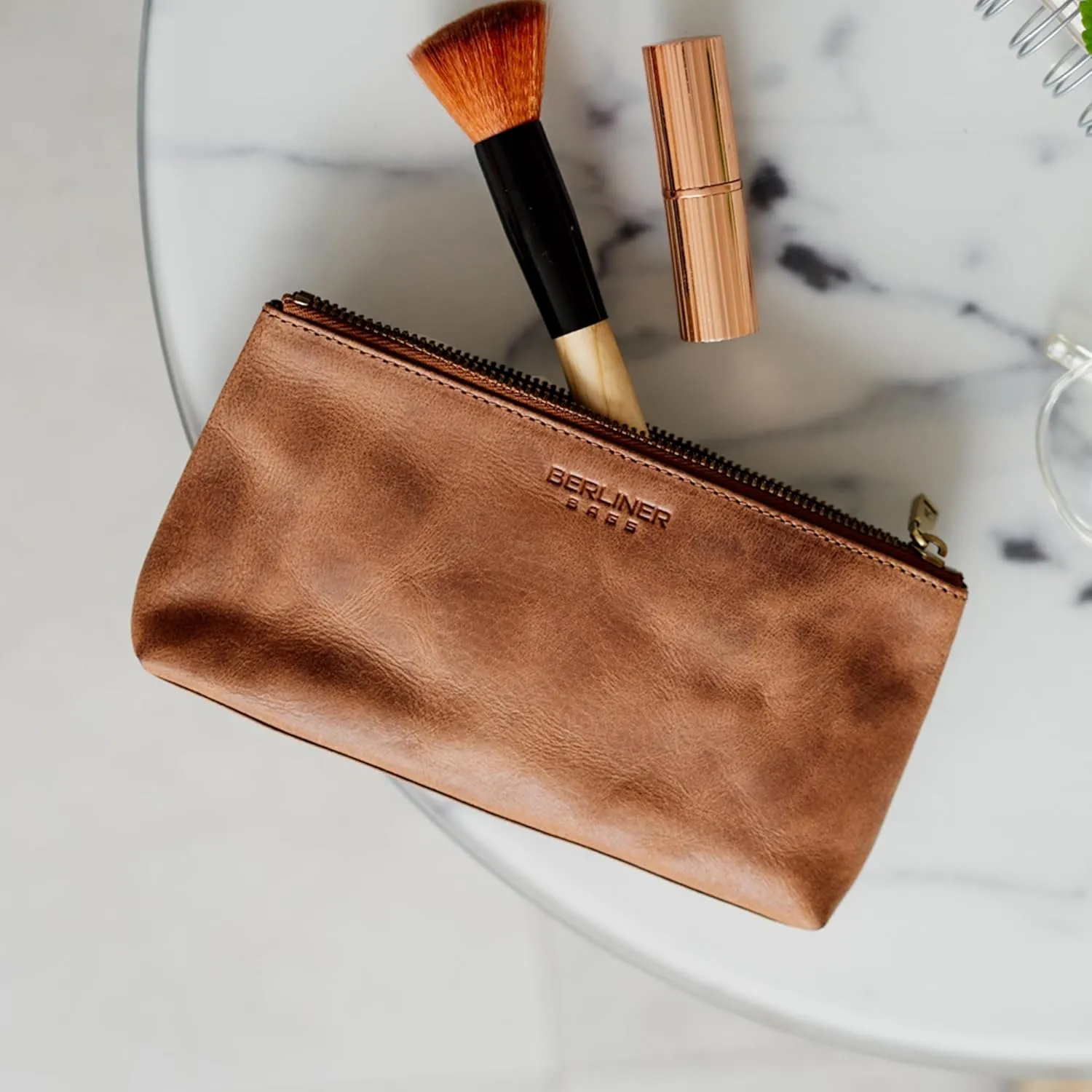 BERLINER BAGS Vintage Genuine Leather Makeup Bag Anna, Cosmetic Bag for Purse, Travel and Cosmetics Pouch with Zipper for Women - Brown
