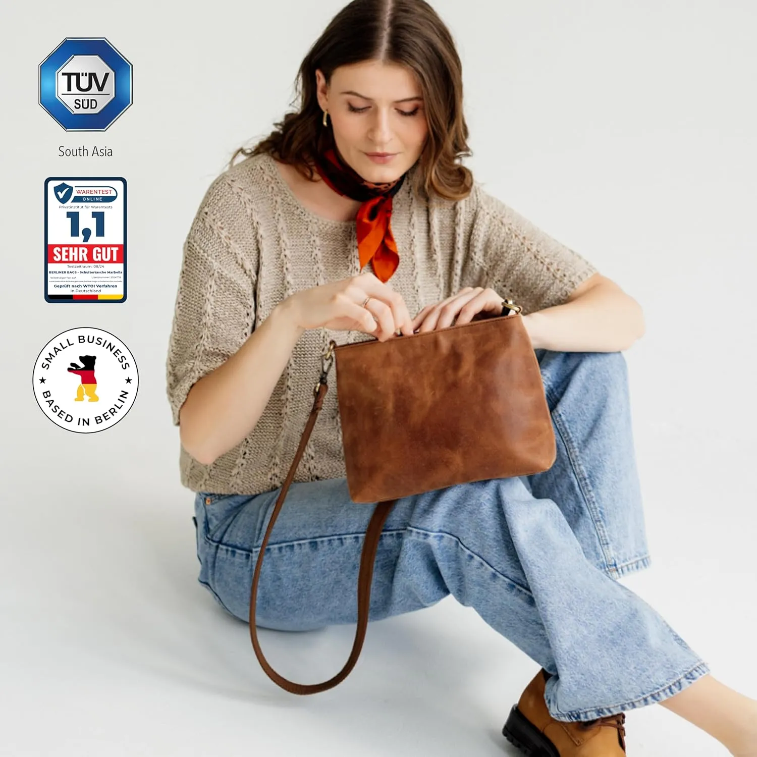 BERLINER BAGS Vintage Genuine Leather Shoulder Bag Marbella, Crossbody Purse for Women, Satchel Bag