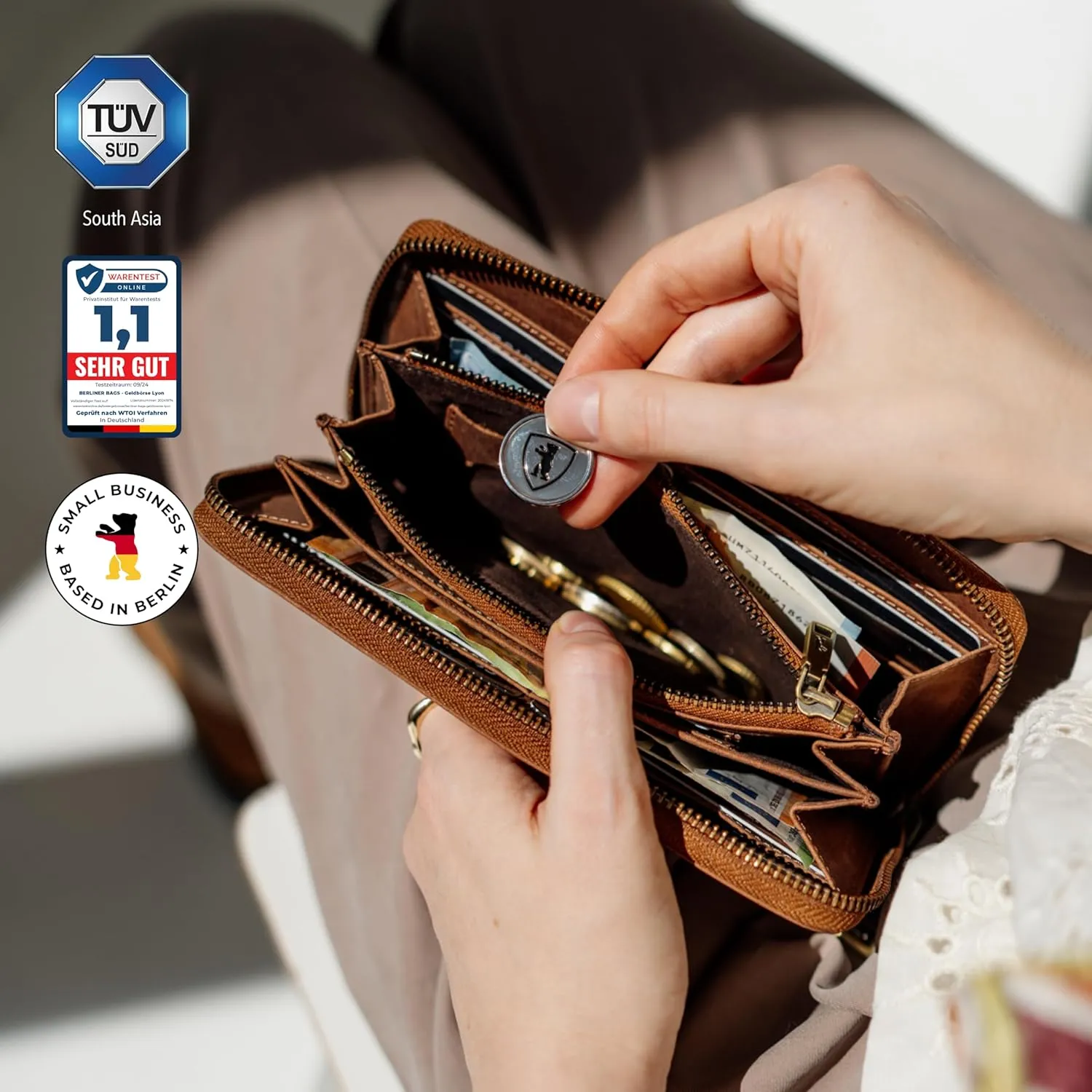 Berliner Bags Vintage Genuine Leather Wallet Lyon, RFID Blocking Credit Card Holder, Clutch Purses for Women, Zip Around Wallet for 15 Cards and ID window, Bills, Coins - Brown