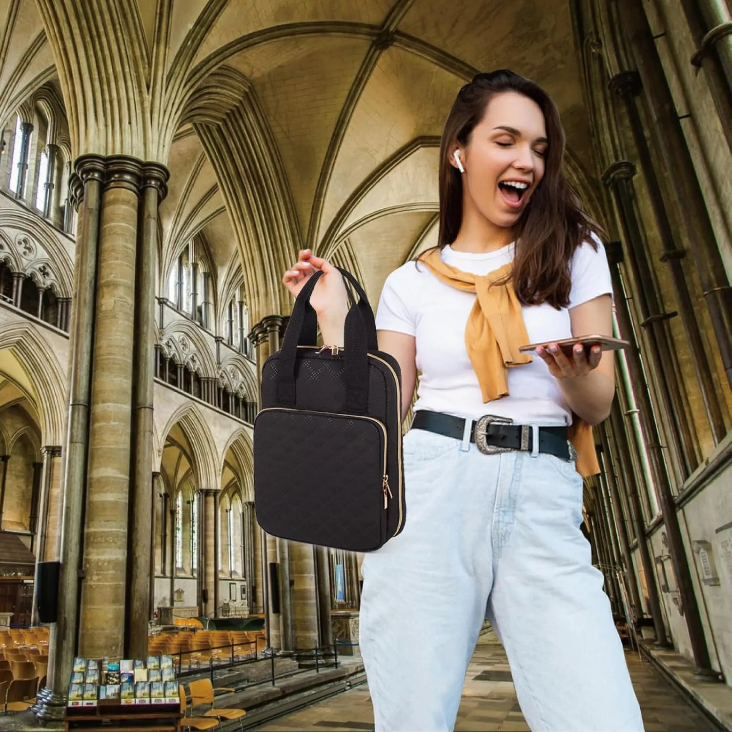 Bible Cover for Women, Bible Case with Handles,Carrying Bible Bag Scripture Case Church Bag Bible Protective with a Zippered Front Pocket & Velcro Back Pocket