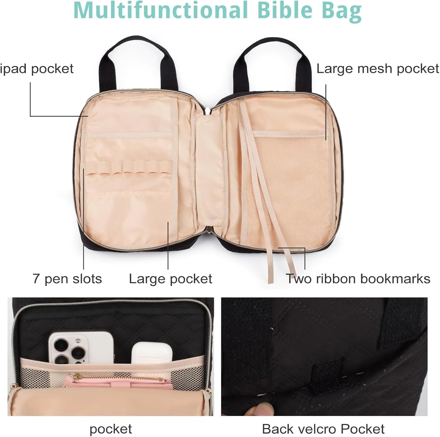 Bible Cover for Women, Bible Case with Handles,Carrying Bible Bag Scripture Case Church Bag Bible Protective with a Zippered Front Pocket & Velcro Back Pocket