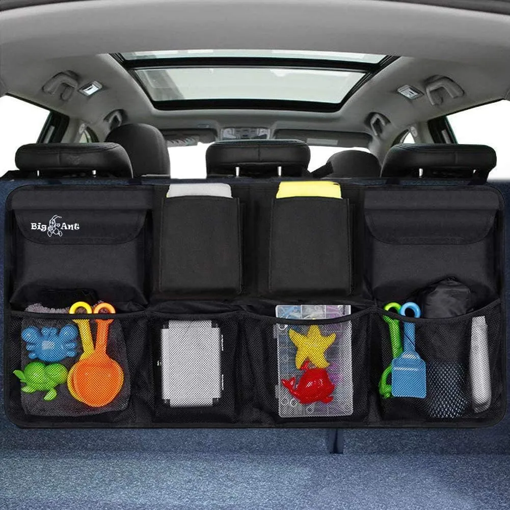 Big Ant Back Seat Trunk Organizer,Space Saving Car Trunk Storage Organizer with Lid Keep your Trunk Clean and Tidy 8 Large Pockets Car Organizer for Kids,Travel (34 x 18 inch)