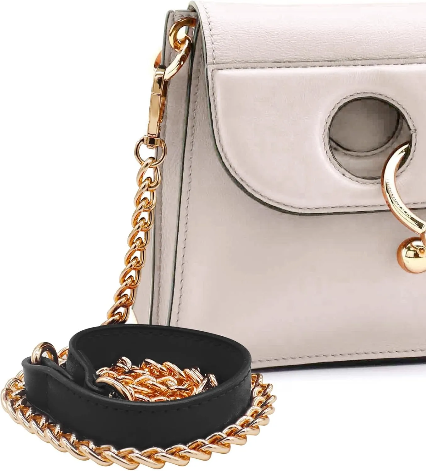 Black 47 Inch Purse Chain Strap, Leather Metal Chain Strap Handbag Chain Purse Handles Shoulder Cross Body Replacement Strap Gold Chain