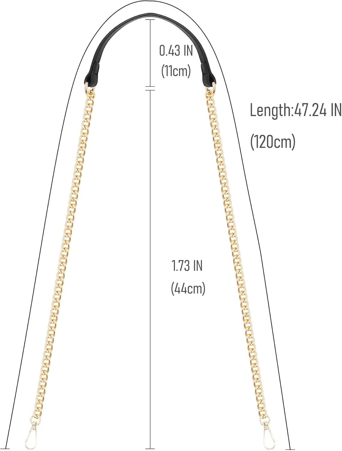 Black 47 Inch Purse Chain Strap, Leather Metal Chain Strap Handbag Chain Purse Handles Shoulder Cross Body Replacement Strap Gold Chain