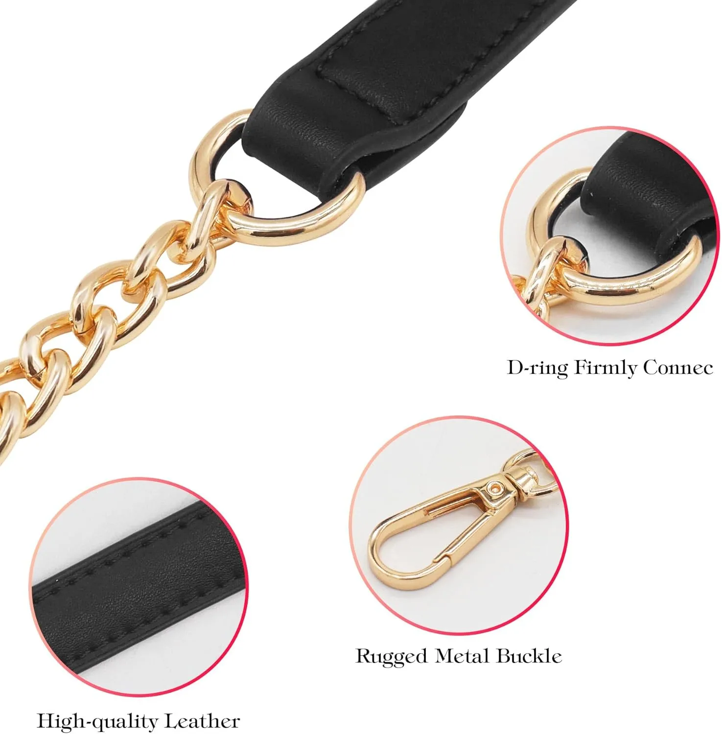 Black 47 Inch Purse Chain Strap, Leather Metal Chain Strap Handbag Chain Purse Handles Shoulder Cross Body Replacement Strap Gold Chain