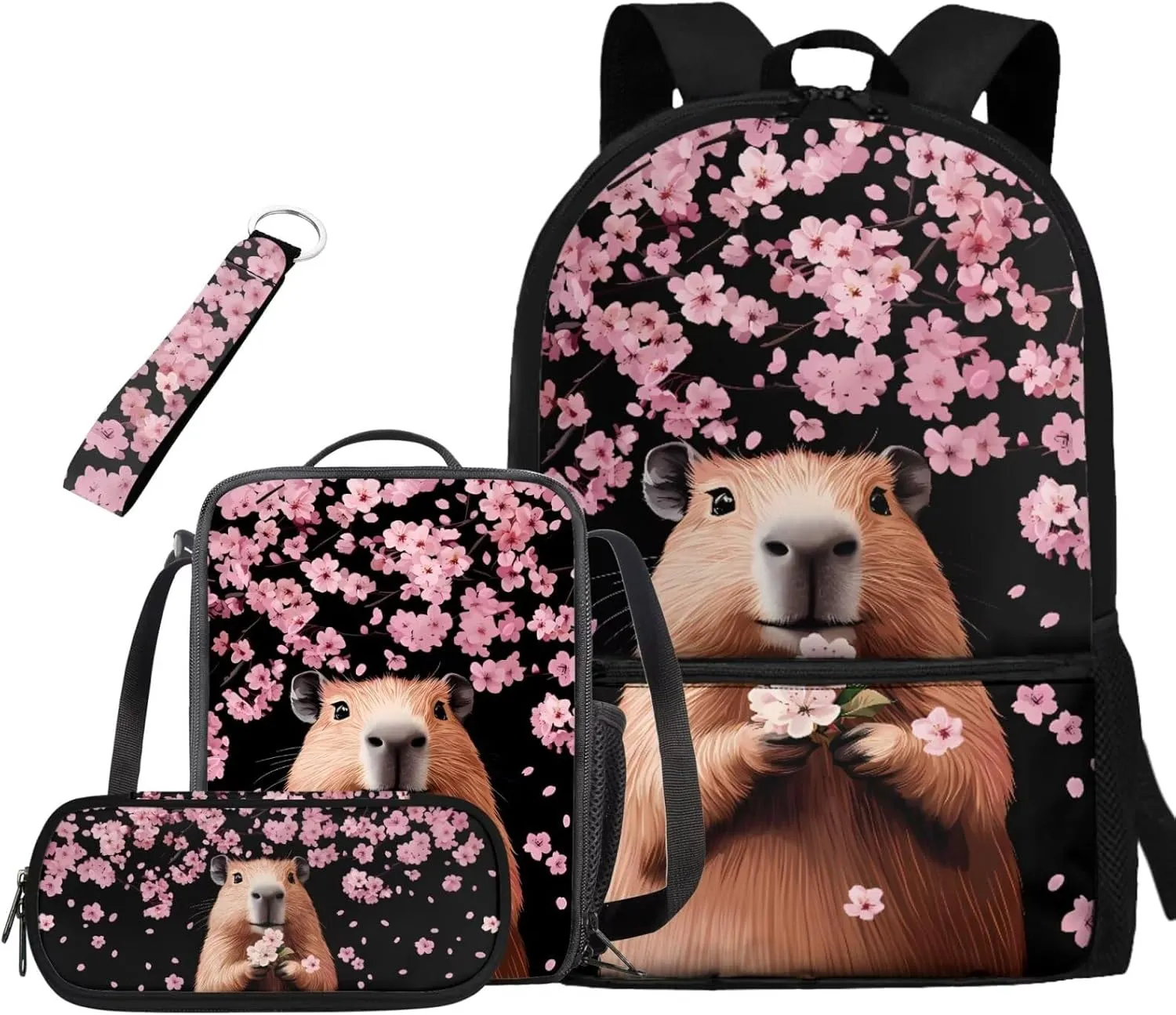 Black Guinea Pig 7Th Grade Girls for Teens School Backpack 4 In 1 Bags with Insulation Lunch Box Set Keychain Pencil Case 17 Inch Backpack Kids Book Bags Students Go To School