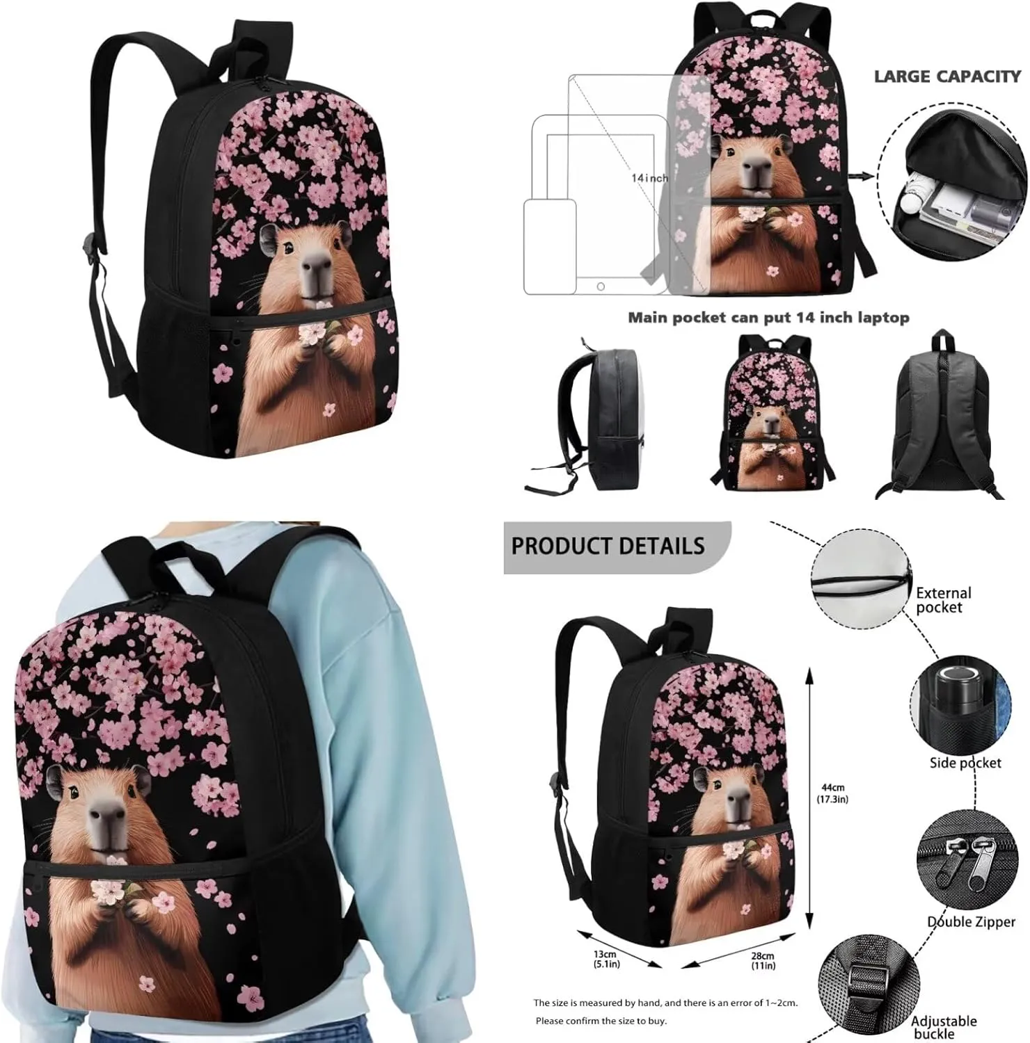 Black Guinea Pig 7Th Grade Girls for Teens School Backpack 4 In 1 Bags with Insulation Lunch Box Set Keychain Pencil Case 17 Inch Backpack Kids Book Bags Students Go To School