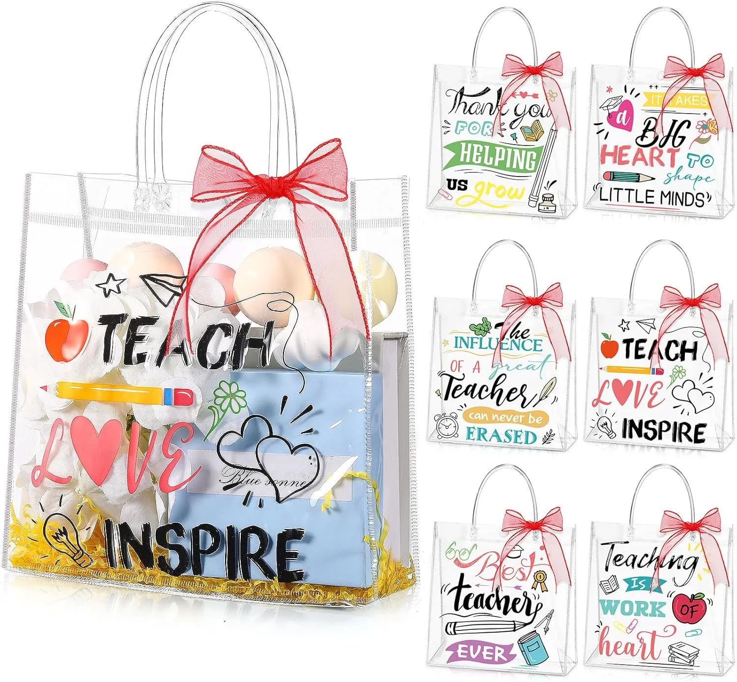 Blosssound 30 Pcs Teacher Appreciation Gift Bags with Handles Clear PVC Teach Bags with Organza Ribbon Roll Reusable Plastic Gift Pouches for Teachers' Day Graduation Retirement Xmas Gift Wrap