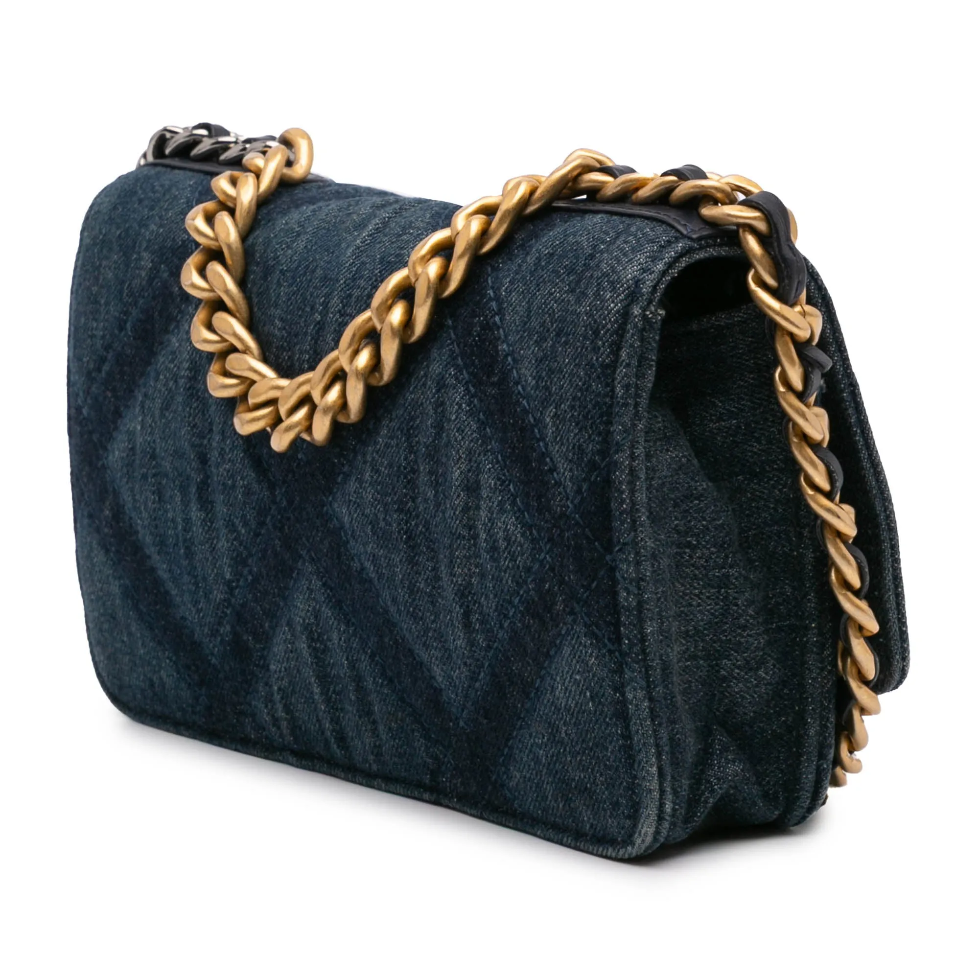 Blue Chanel Denim Stitched 19 Flap Wallet On Chain Crossbody Bag