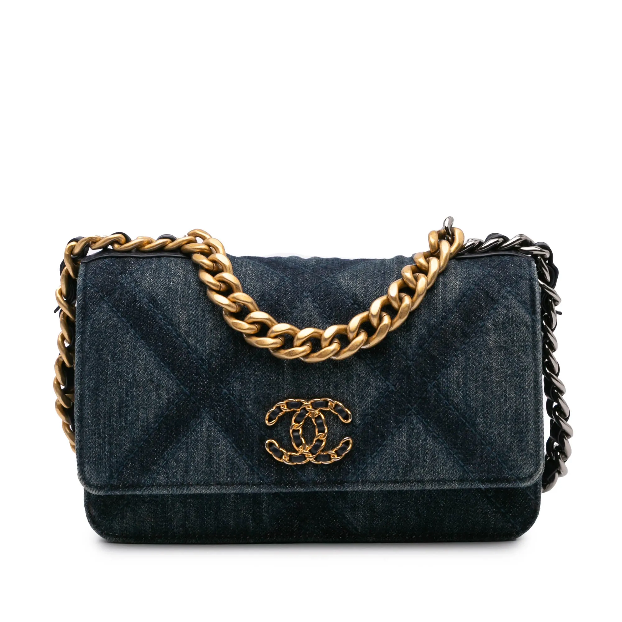Blue Chanel Denim Stitched 19 Flap Wallet On Chain Crossbody Bag