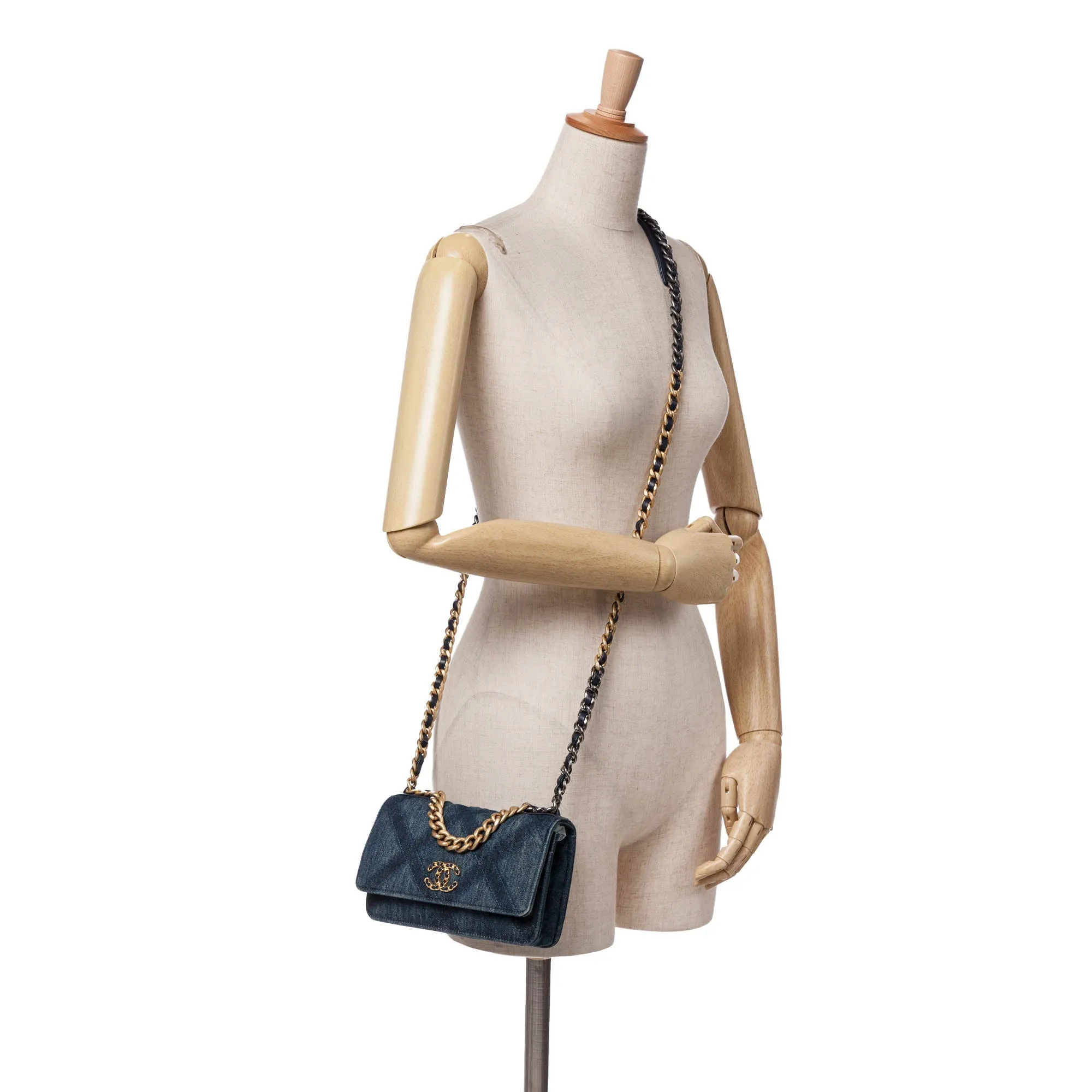 Blue Chanel Denim Stitched 19 Flap Wallet On Chain Crossbody Bag