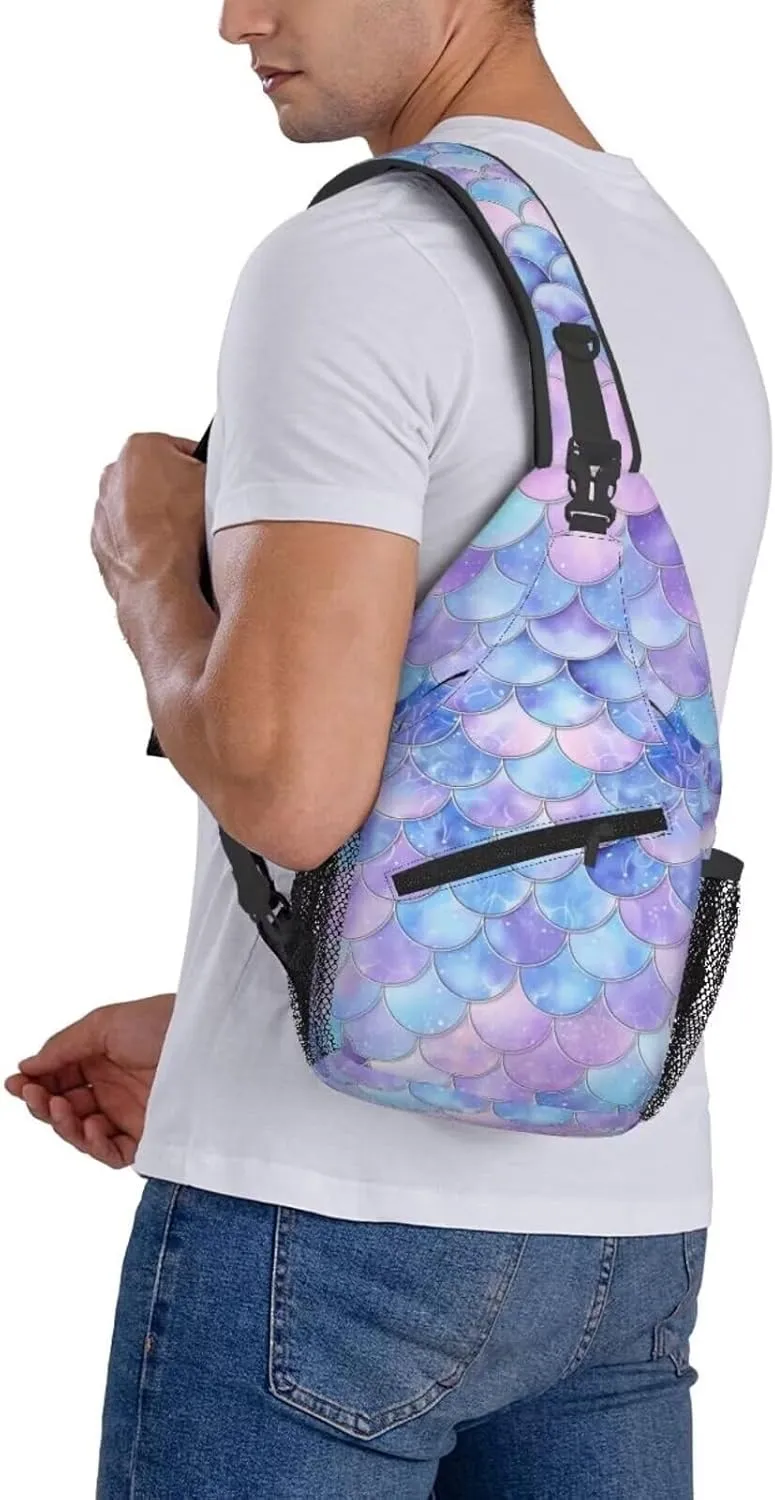 Blue Mermaid Scales Small Sling Backpack Cute Mini Backpack for Women Adjustable Shoulder Strap Hiking Daypack Zipper Closure Sling Bags Crossbody Bags