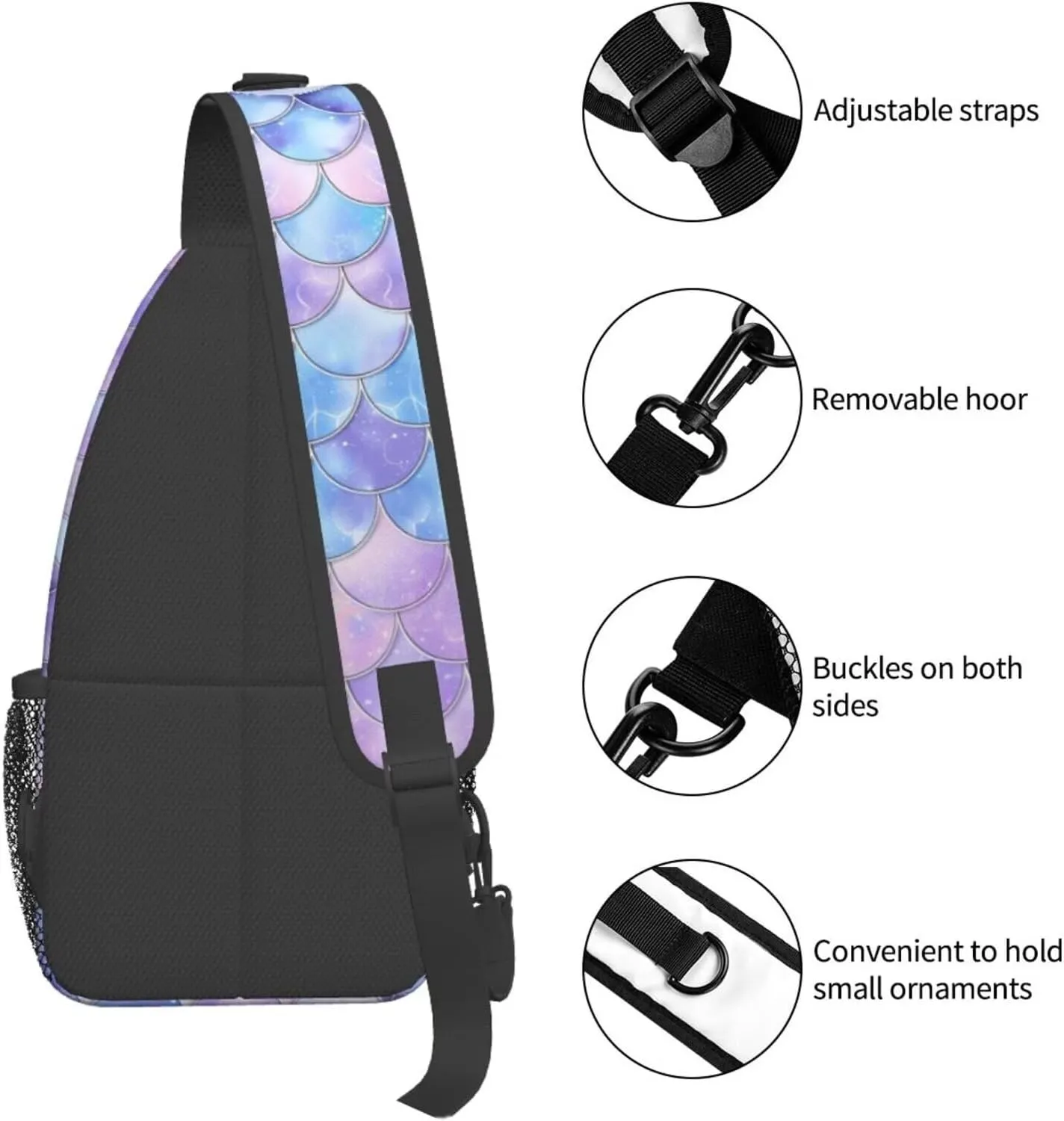 Blue Mermaid Scales Small Sling Backpack Cute Mini Backpack for Women Adjustable Shoulder Strap Hiking Daypack Zipper Closure Sling Bags Crossbody Bags
