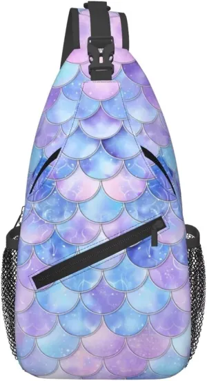 Blue Mermaid Scales Small Sling Backpack Cute Mini Backpack for Women Adjustable Shoulder Strap Hiking Daypack Zipper Closure Sling Bags Crossbody Bags