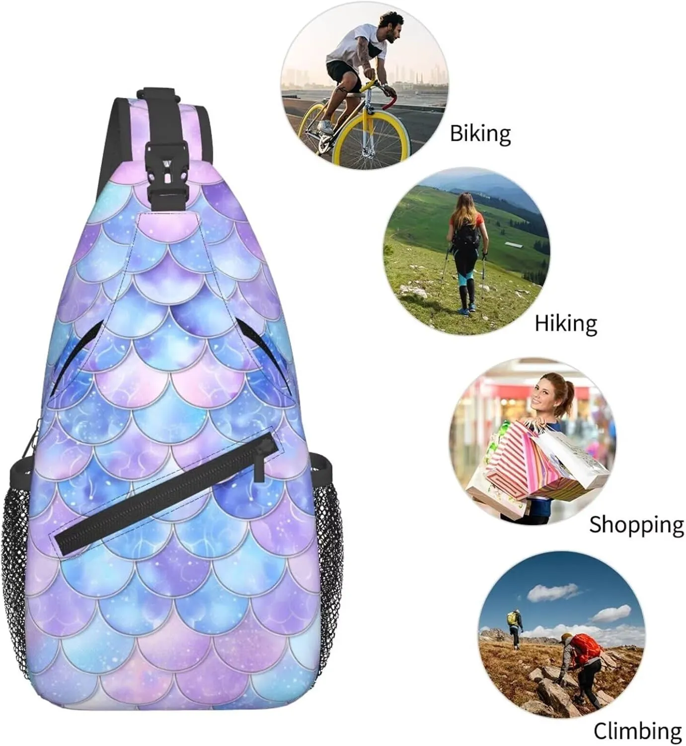 Blue Mermaid Scales Small Sling Backpack Cute Mini Backpack for Women Adjustable Shoulder Strap Hiking Daypack Zipper Closure Sling Bags Crossbody Bags
