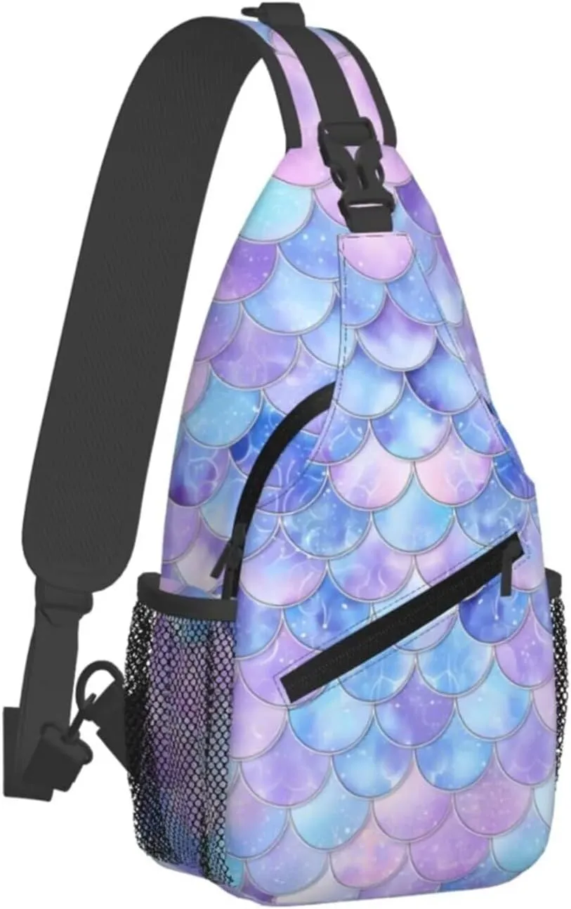 Blue Mermaid Scales Small Sling Backpack Cute Mini Backpack for Women Adjustable Shoulder Strap Hiking Daypack Zipper Closure Sling Bags Crossbody Bags