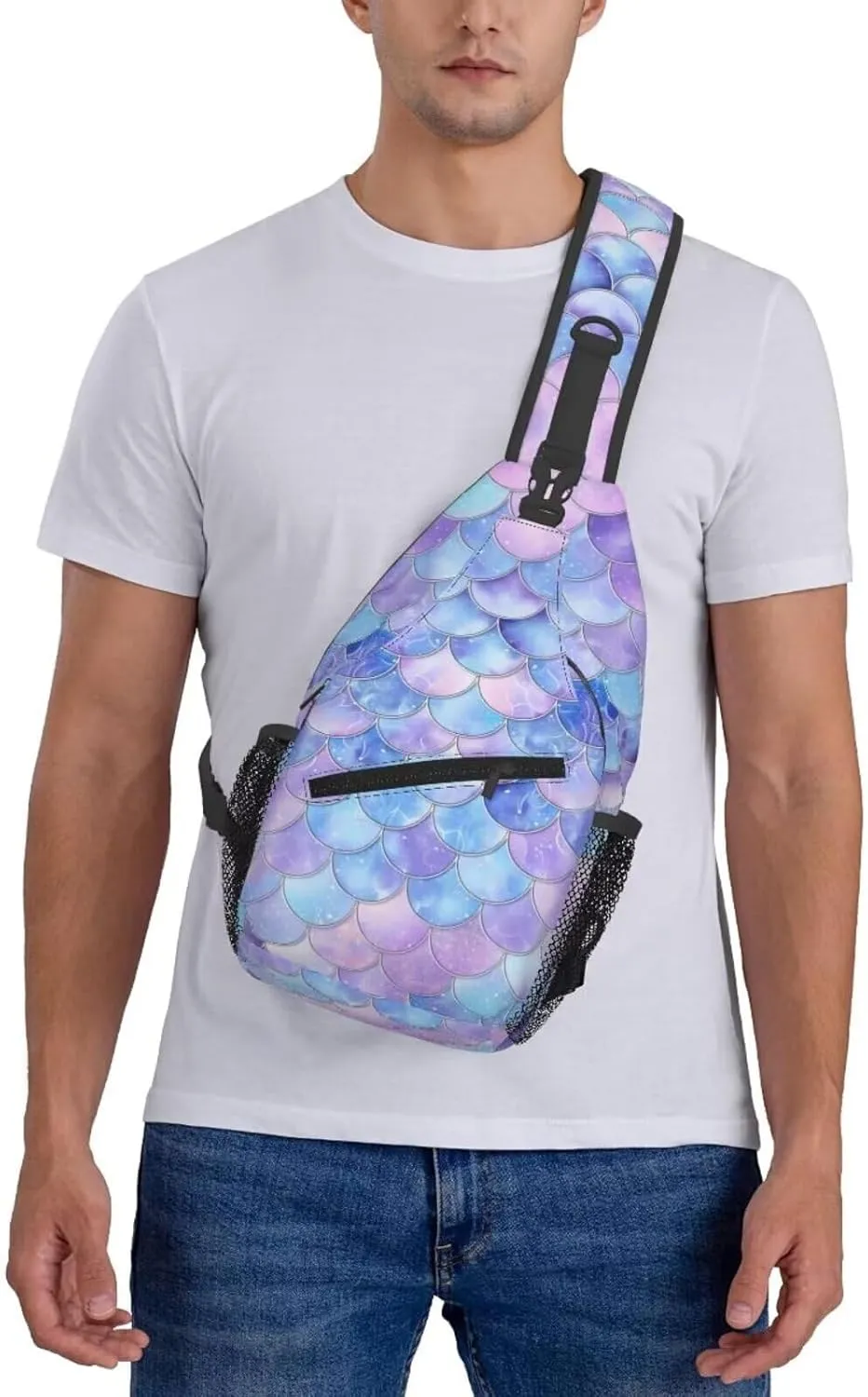 Blue Mermaid Scales Small Sling Backpack Cute Mini Backpack for Women Adjustable Shoulder Strap Hiking Daypack Zipper Closure Sling Bags Crossbody Bags