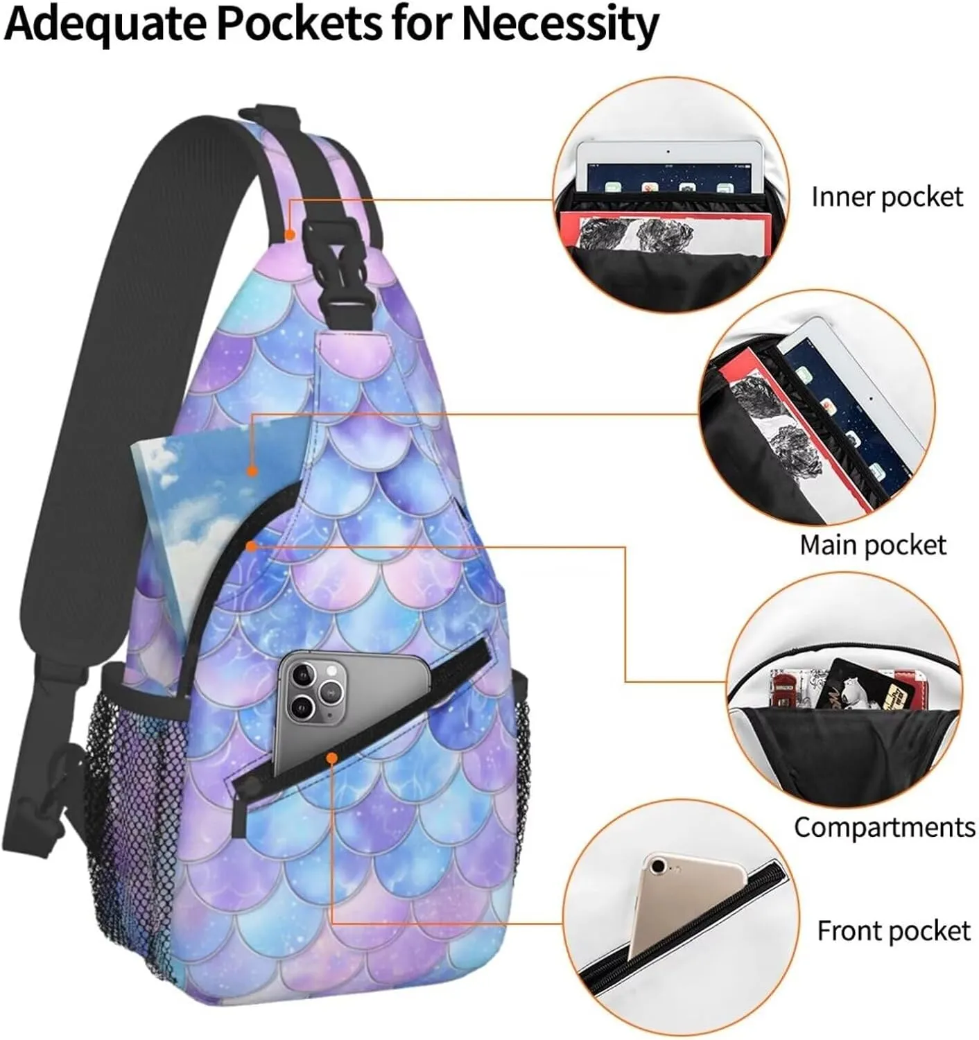Blue Mermaid Scales Small Sling Backpack Cute Mini Backpack for Women Adjustable Shoulder Strap Hiking Daypack Zipper Closure Sling Bags Crossbody Bags