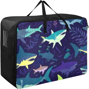 Blue Sharks Storage Bag, 27.5x19.7x11 in, Collapsible Moving Bags Zippered Storage Bag for Closet Comforter, Pillow, Quilt