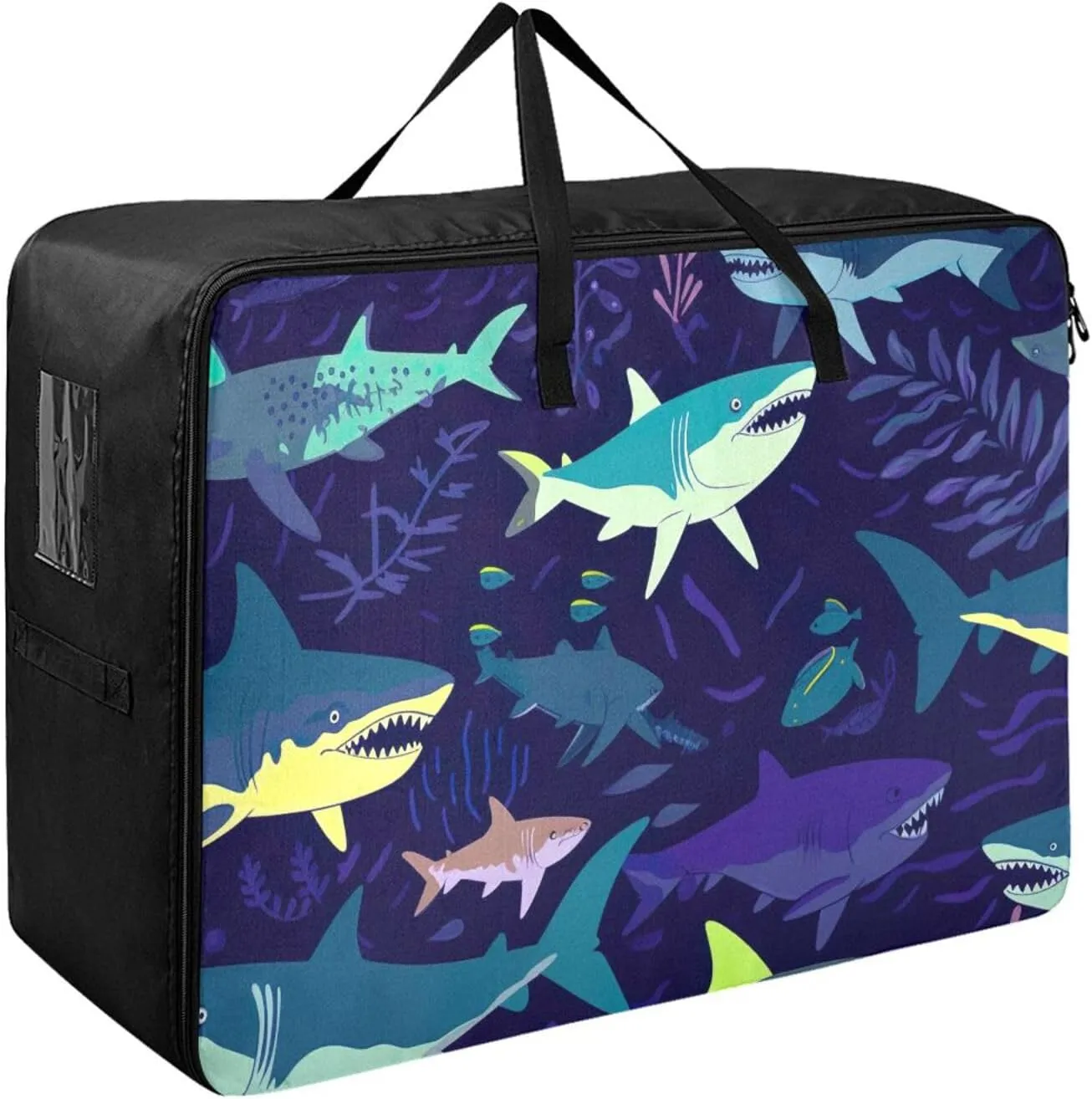 Blue Sharks Storage Bag, 27.5x19.7x11 in, Collapsible Moving Bags Zippered Storage Bag for Closet Comforter, Pillow, Quilt
